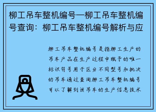 柳工吊车整机编号—柳工吊车整机编号查询：柳工吊车整机编号解析与应用